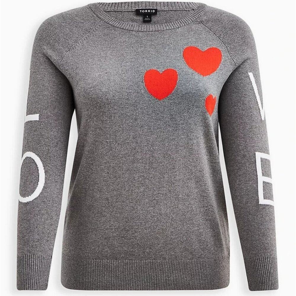 NWT TORRID Grey Red Hearts & "LOVE" Graphic Knit Pullover Sweater